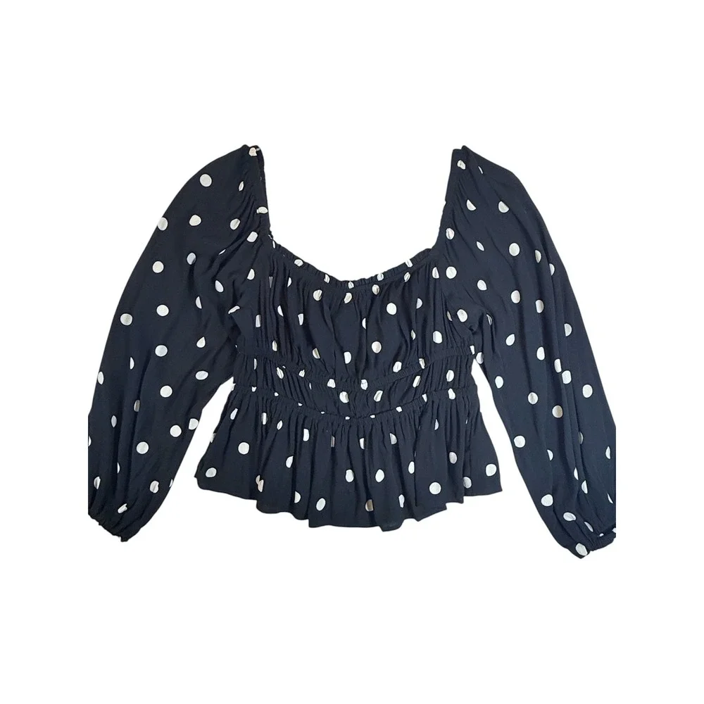 J.Crew Smocked Peplum Blouse Womens Medium Black Polka‎ Dot Long Sleeve